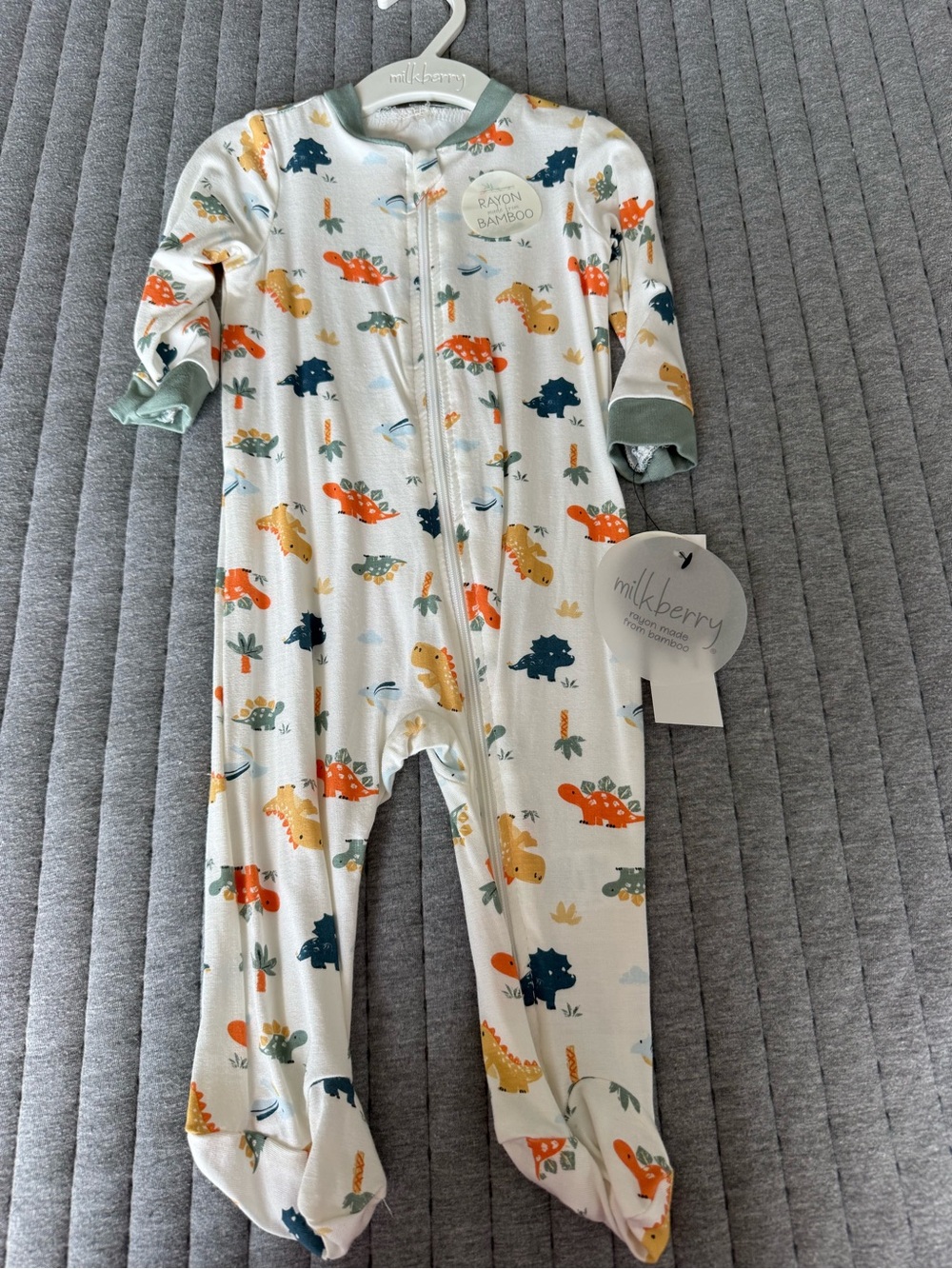 Milkberry Baby White Dino Print Rayon Bamboo One-Piece